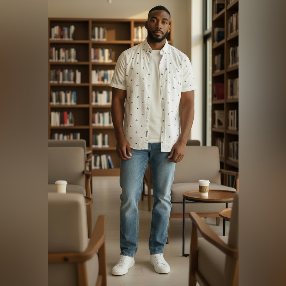 Casual Short-Sleeve Button-Down Shirt - White with Micro Print